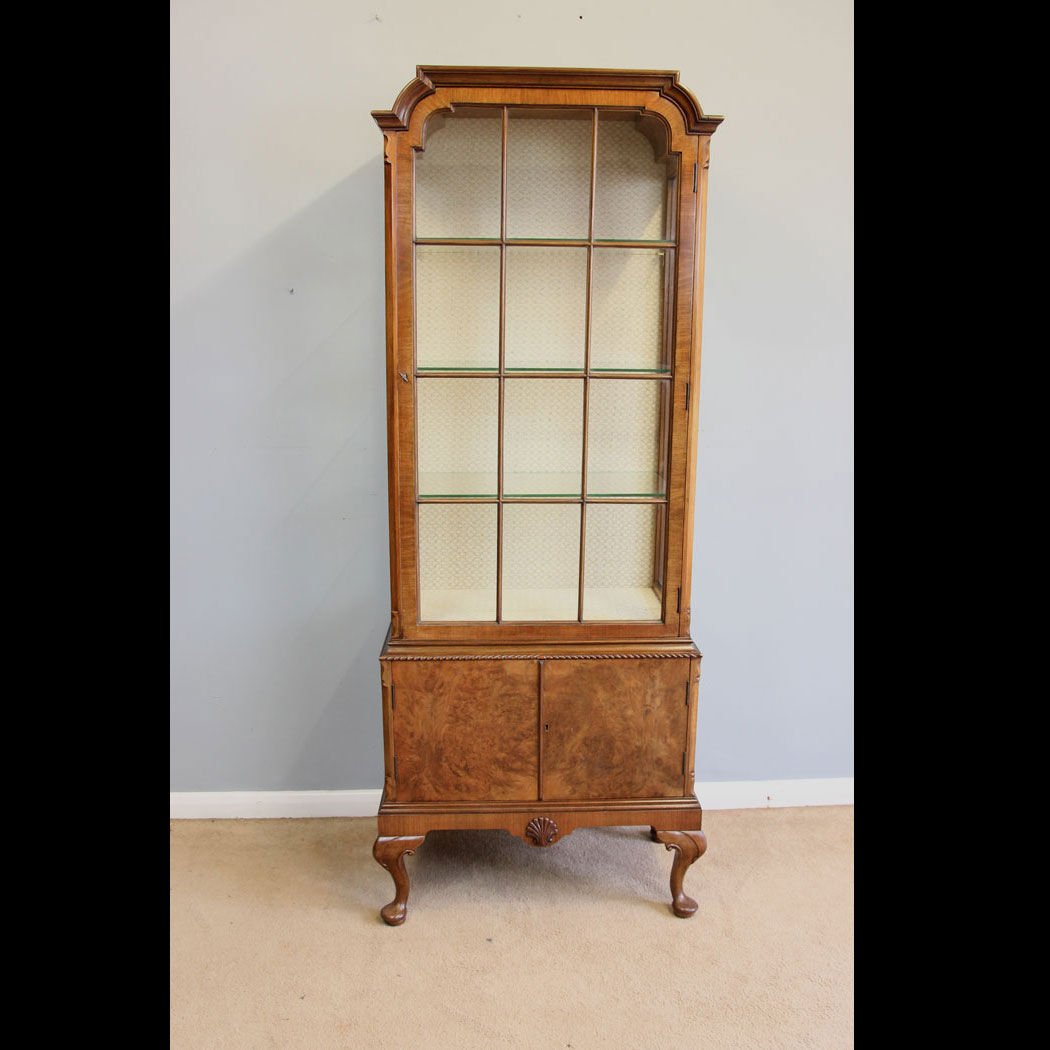12166r01 Antique Burr Walnut Display Cabinet, Antique Burr Walnut China Display Cabinet