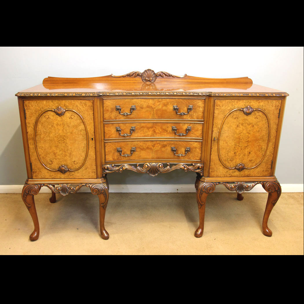 12171r01 Burr Walnut Queen Anne Style Sideboard, Burr Walnut Queen Anne Style Sideboard