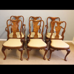 Set Six Burr Walnut Queen Anne Style Dining Chairs