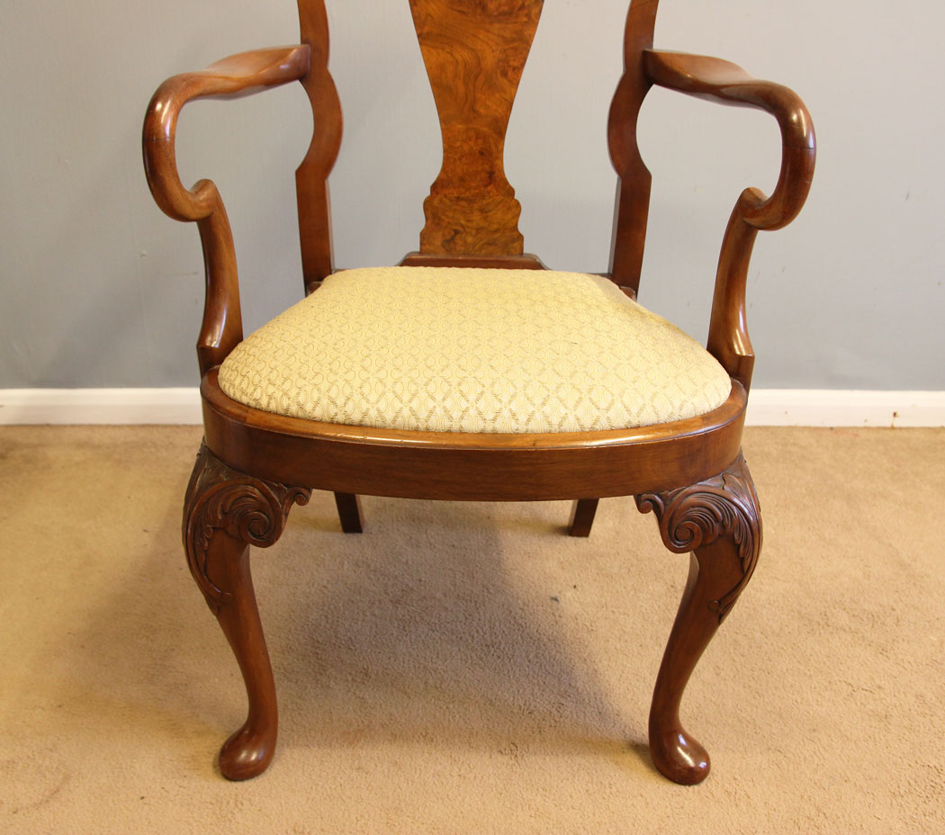 12205r10 Antique Set Six Burr Walnut Queen Anne Style Dining Chairs,