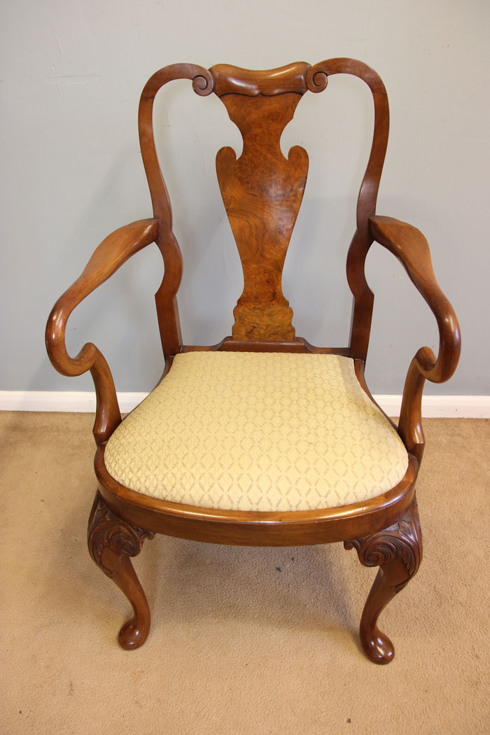 12205r13 Antique Set Six Burr Walnut Queen Anne Style Dining Chairs,