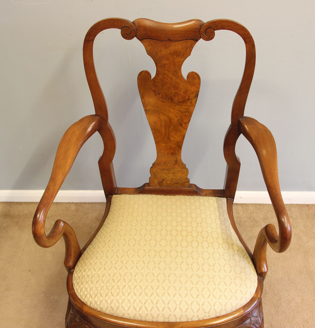 12205r14 Antique Set Six Burr Walnut Queen Anne Style Dining Chairs,