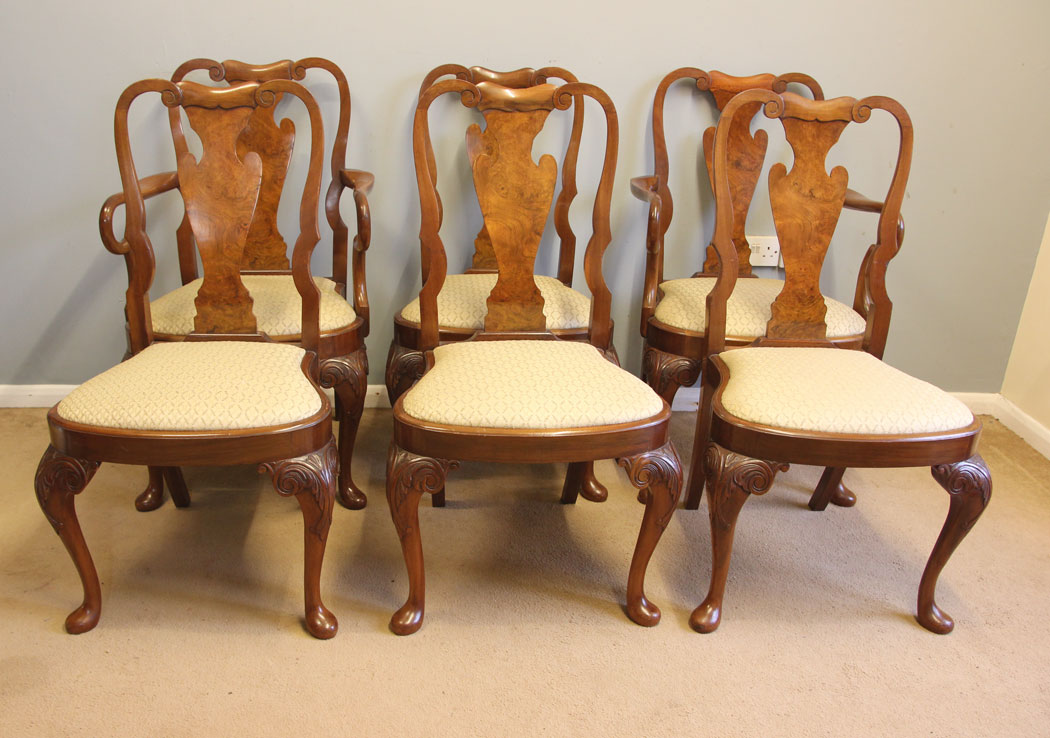 12205r15 Antique Set Six Burr Walnut Queen Anne Style Dining Chairs,
