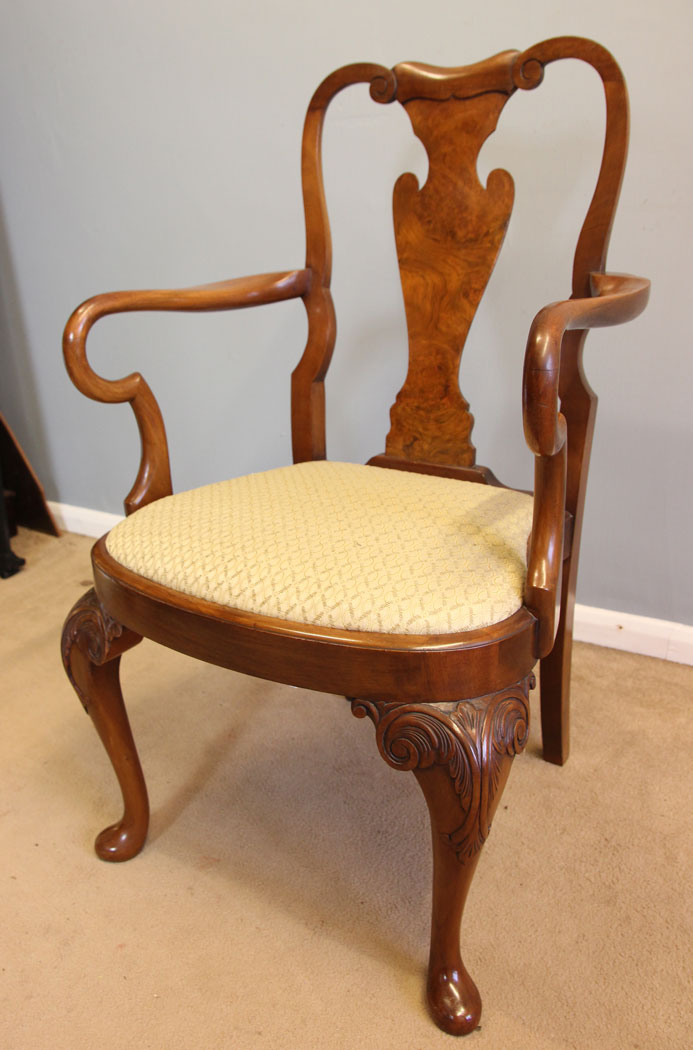 12205r2 Antique Set Six Burr Walnut Queen Anne Style Dining Chairs,