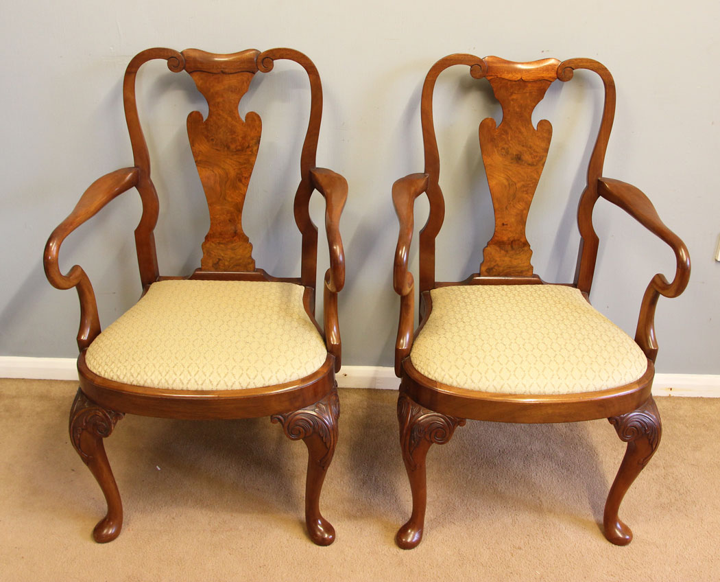 12205r3 Antique Set Six Burr Walnut Queen Anne Style Dining Chairs,