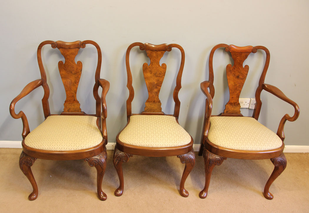12205r4 Antique Set Six Burr Walnut Queen Anne Style Dining Chairs,