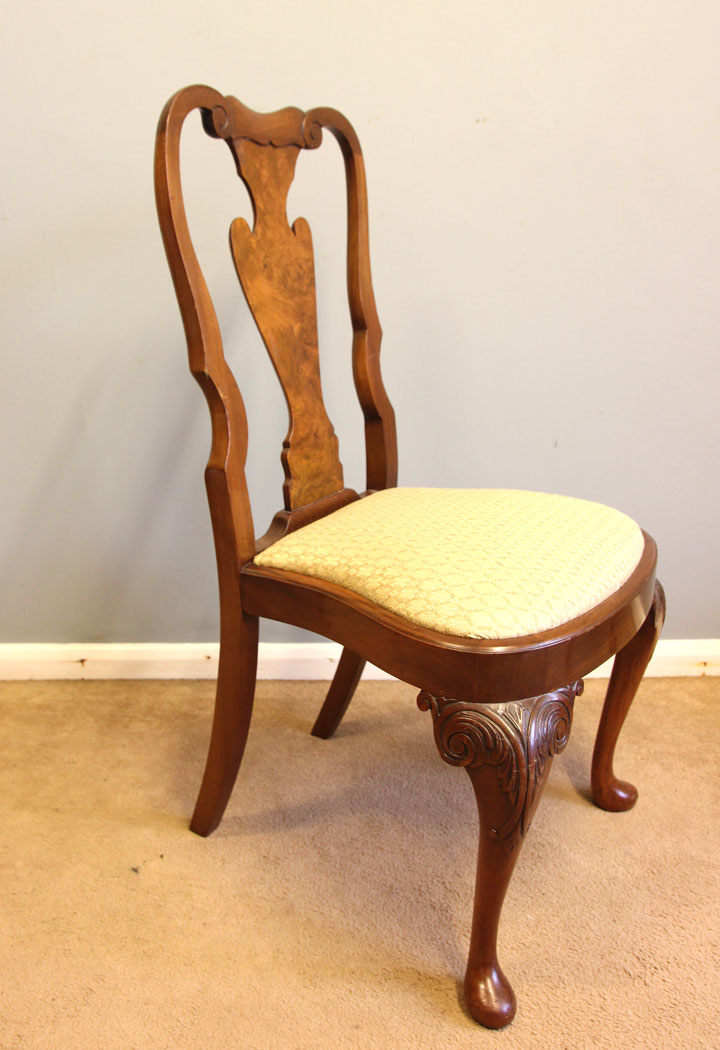 12205r7 Antique Set Six Burr Walnut Queen Anne Style Dining Chairs,