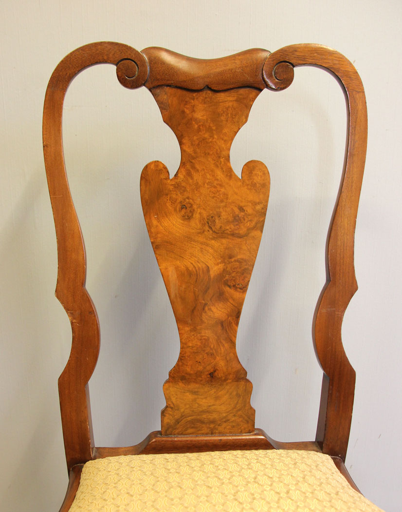 12205r8 Antique Set Six Burr Walnut Queen Anne Style Dining Chairs,