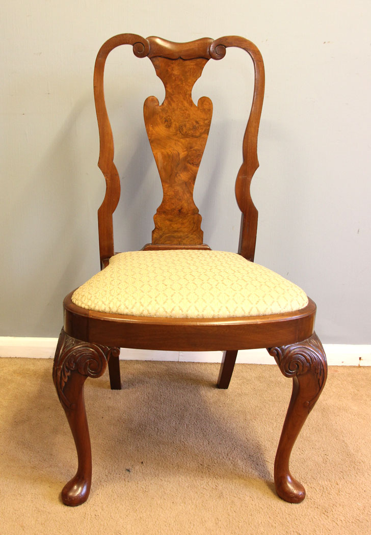 12205r9 Antique Set Six Burr Walnut Queen Anne Style Dining Chairs,