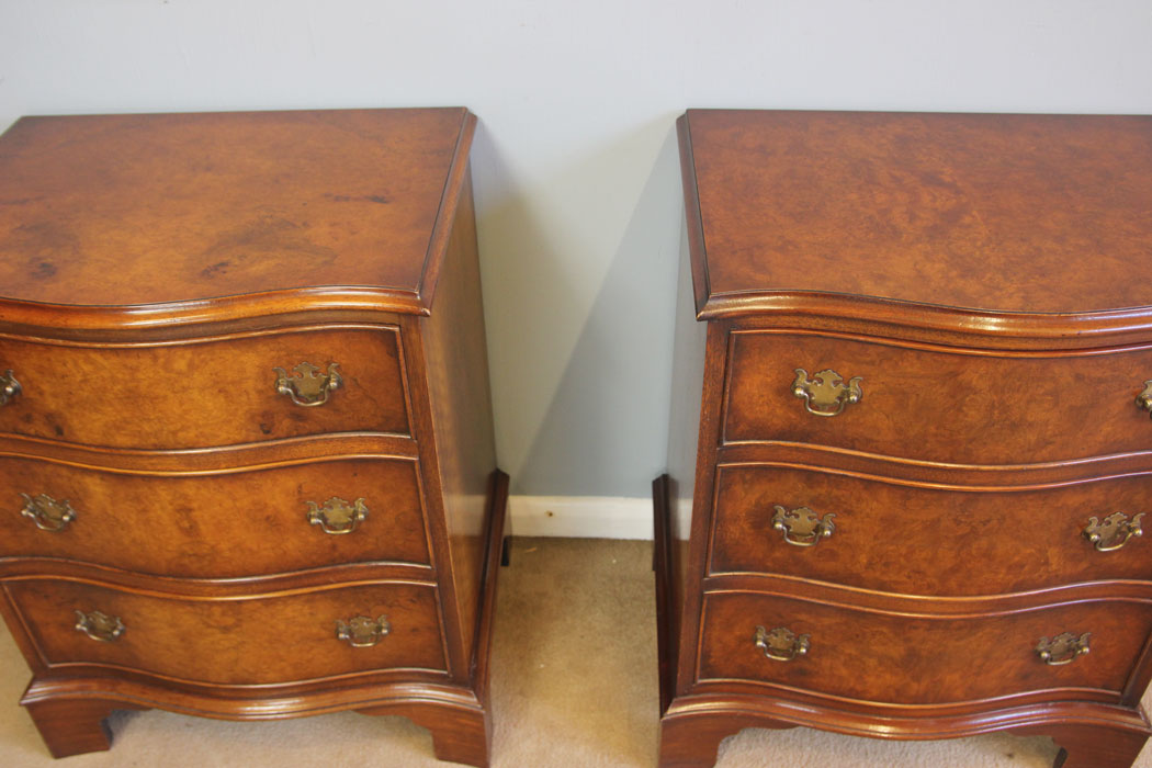 12226r2 Pair Small Serpentine Burr Walnut Beside Cabinets Chests of Drawers,