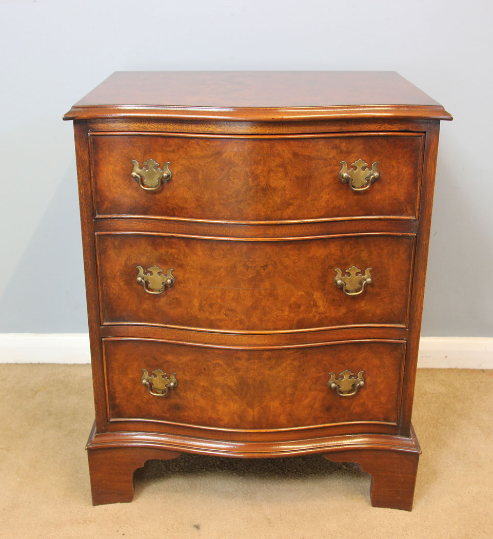 12226r3 Pair Small Serpentine Burr Walnut Beside Cabinets Chests of Drawers,