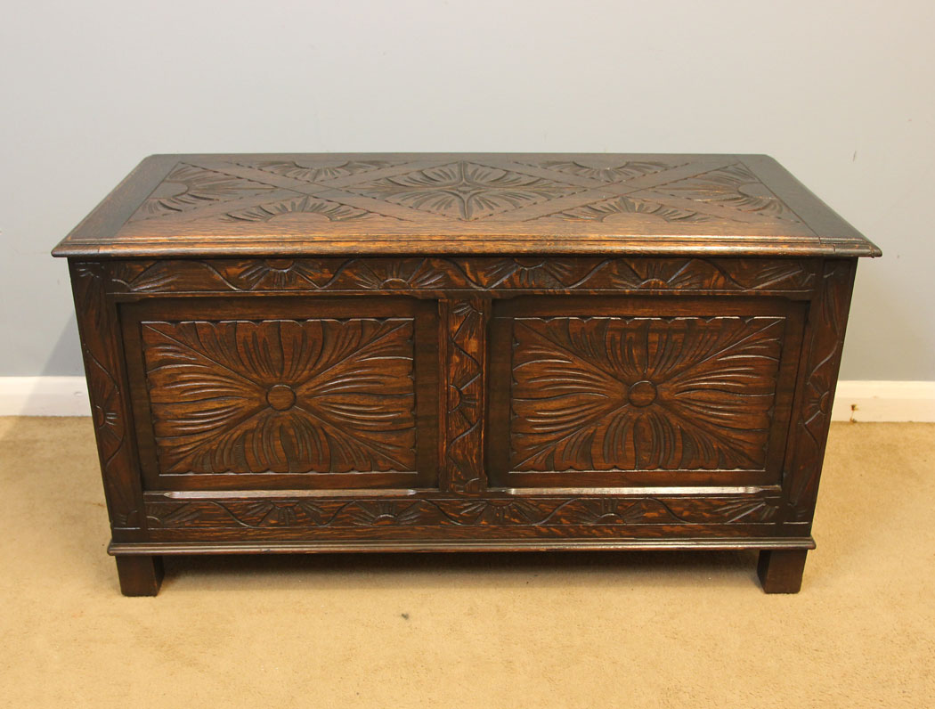 12233r1 Carved Oak Antique Coffer Chest Blanket Box,
