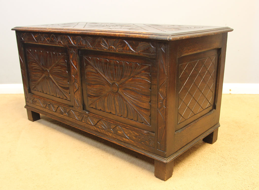 12233r10 Carved Oak Antique Coffer Chest Blanket Box,