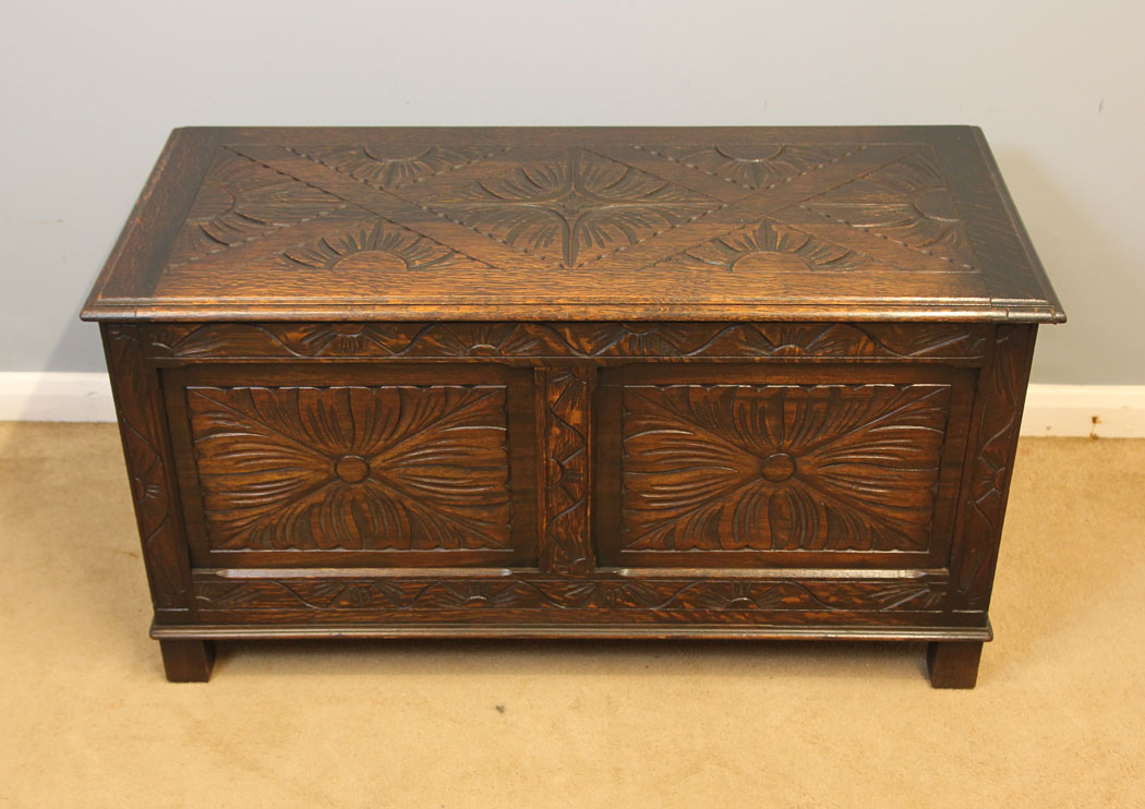 12233r12 Carved Oak Antique Coffer Chest Blanket Box,