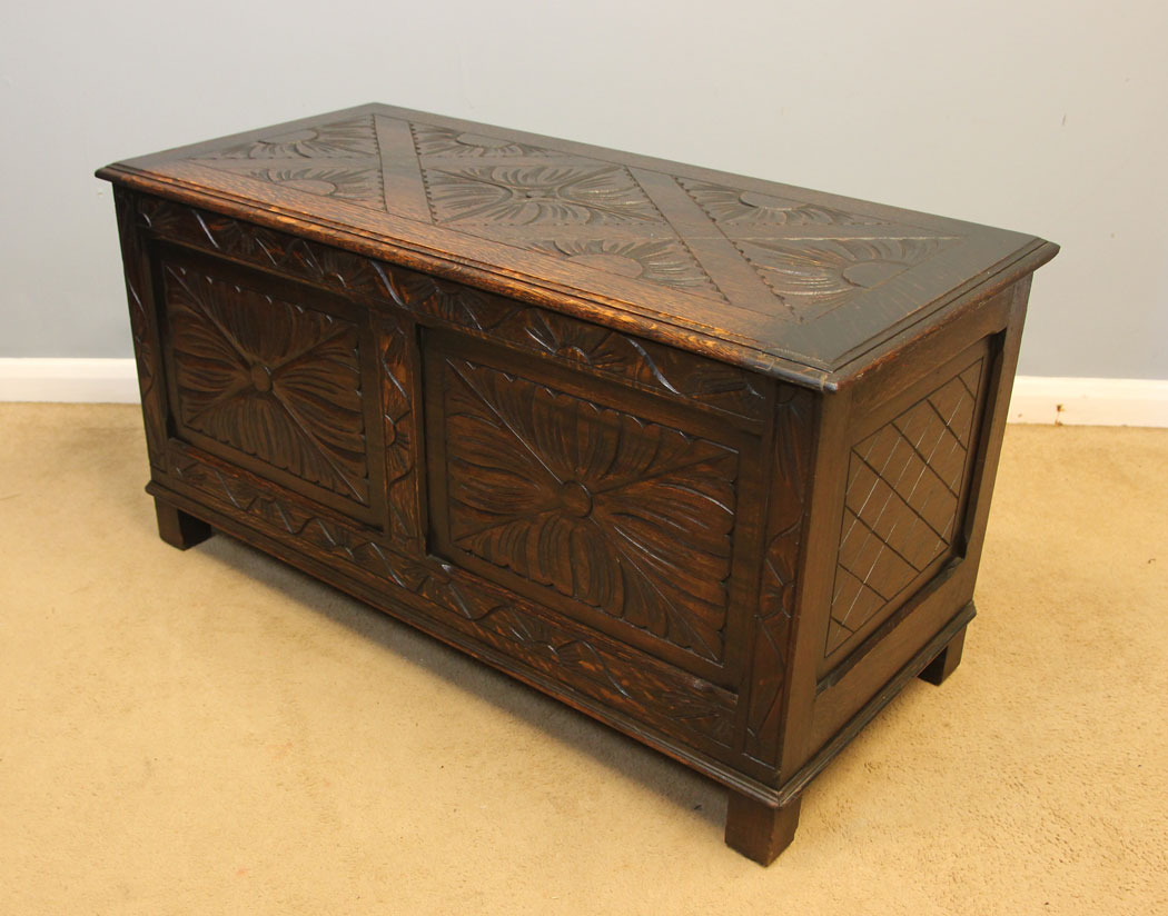 12233r2 Carved Oak Antique Coffer Chest Blanket Box,