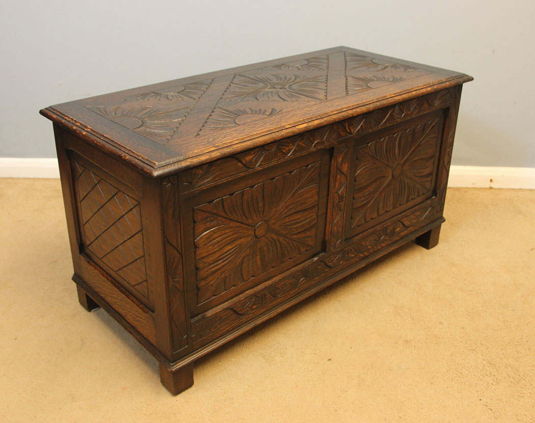 12233r3 Carved Oak Antique Coffer Chest Blanket Box,