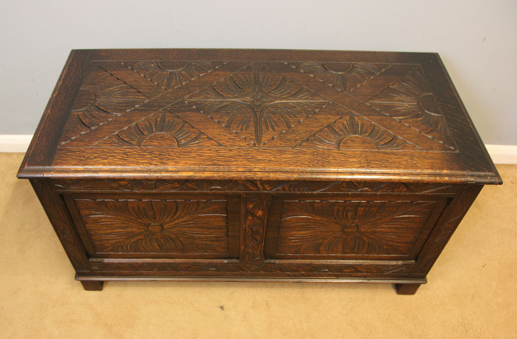 12233r4 Carved Oak Antique Coffer Chest Blanket Box,