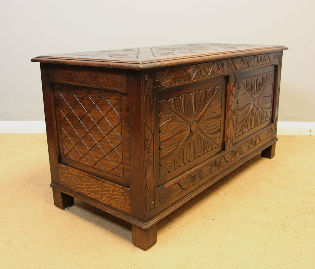 12233r8 Carved Oak Antique Coffer Chest Blanket Box,