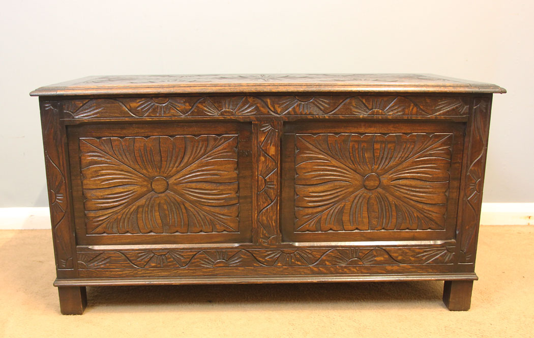 12233r9 Carved Oak Antique Coffer Chest Blanket Box,