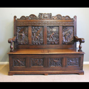 Antique 19th Century Carved Oak Hall Bench Settle, Lincolnshire,