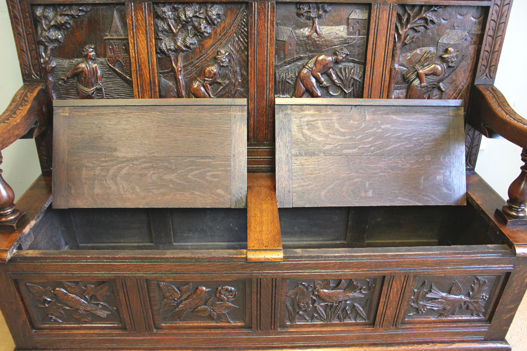 12245r10 Antique 19th Century Carved Oak Hall Bench Settle,