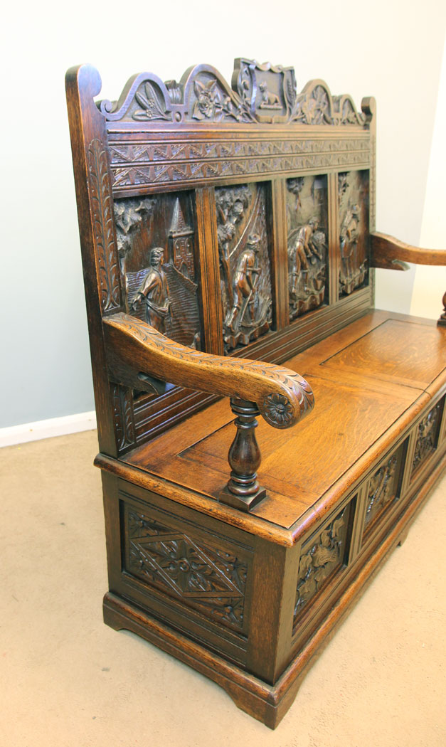12245r12 Antique 19th Century Carved Oak Hall Bench Settle,