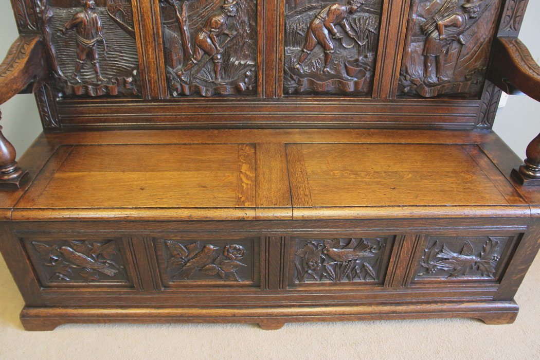 12245r13 Antique 19th Century Carved Oak Hall Bench Settle,
