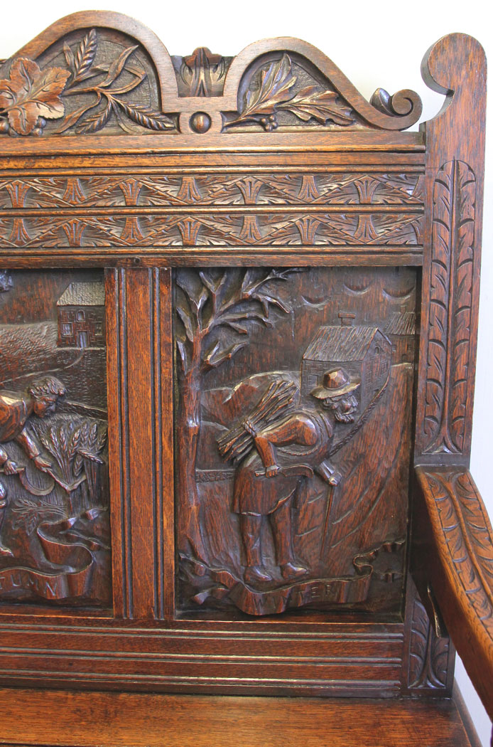 12245r14 Antique 19th Century Carved Oak Hall Bench Settle,
