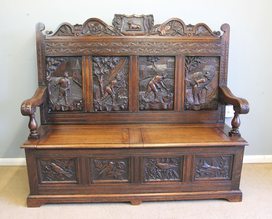 12245r16 Antique 19th Century Carved Oak Hall Bench Settle,