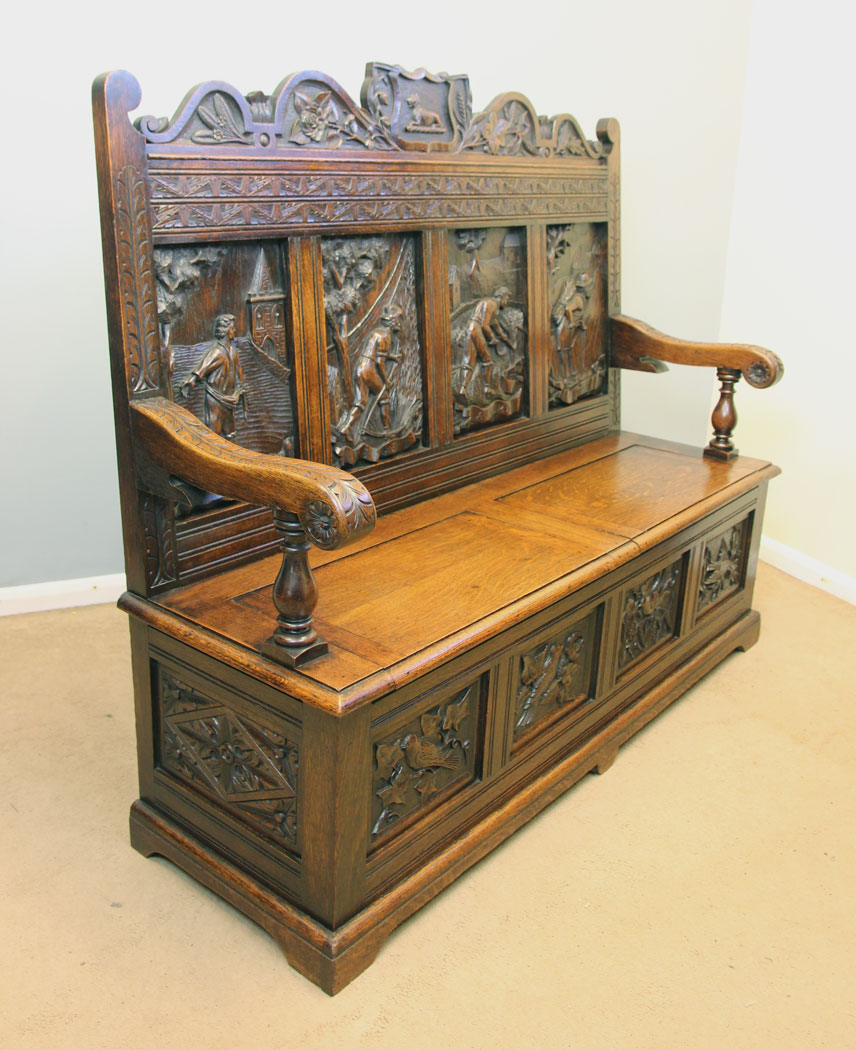 12245r2 Antique 19th Century Carved Oak Hall Bench Settle,