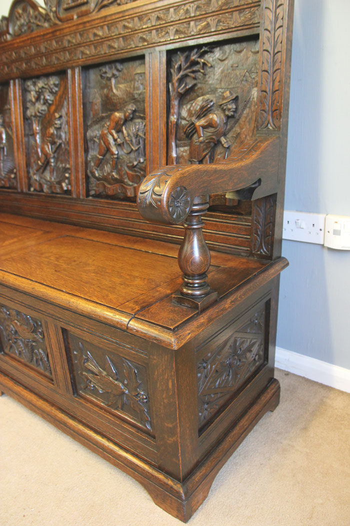 12245r5 Antique 19th Century Carved Oak Hall Bench Settle,
