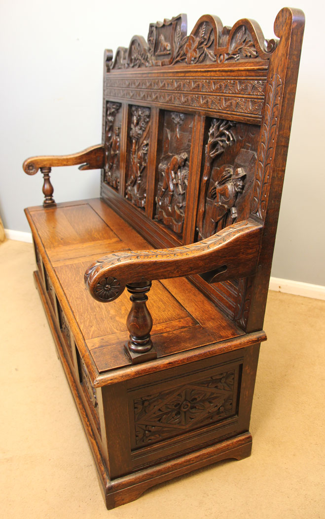 12245r6 Antique 19th Century Carved Oak Hall Bench Settle,