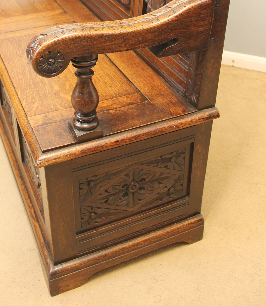 12245r7 Antique 19th Century Carved Oak Hall Bench Settle,