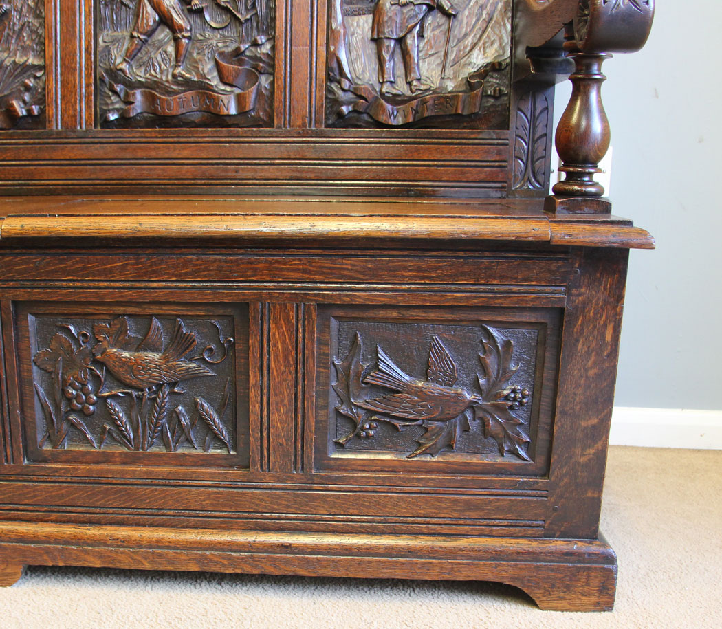 12245r8 Antique 19th Century Carved Oak Hall Bench Settle,