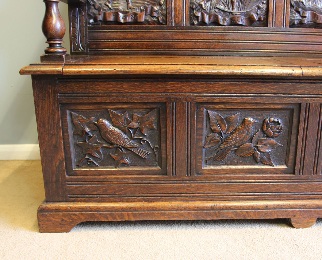 12245r9 Antique 19th Century Carved Oak Hall Bench Settle,