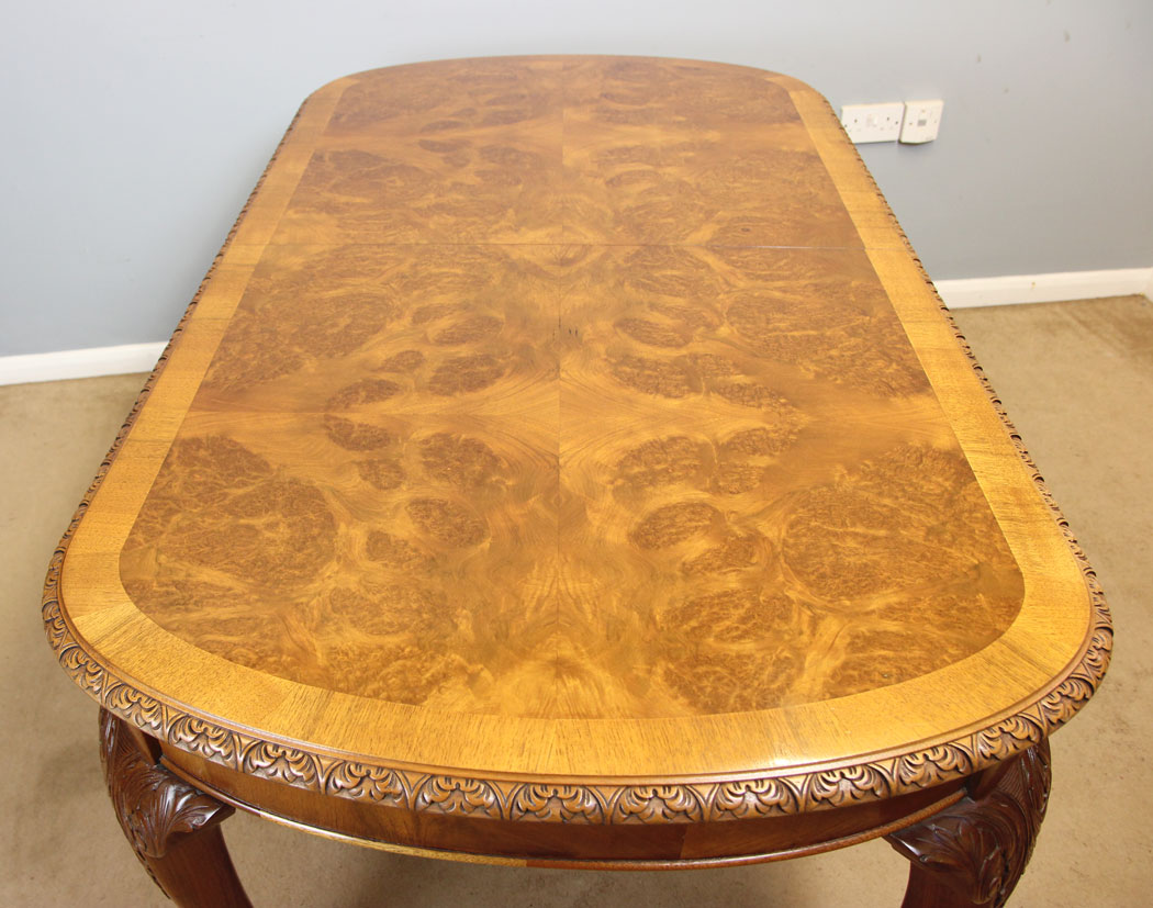 12246r13 Large Antique Burr Walnut Extending Dining Table,