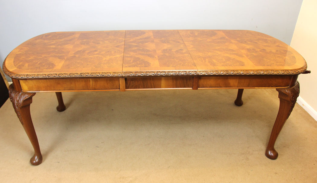 12246r6 Large Antique Burr Walnut Extending Dining Table,