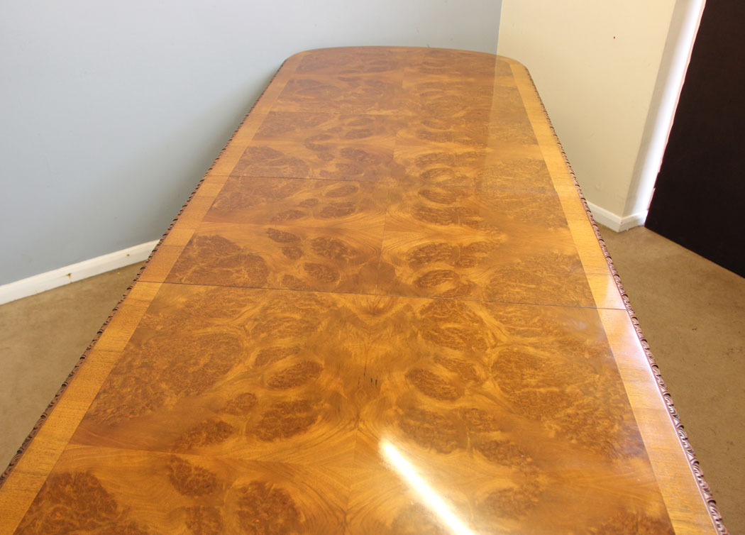12246r9 Large Antique Burr Walnut Extending Dining Table,