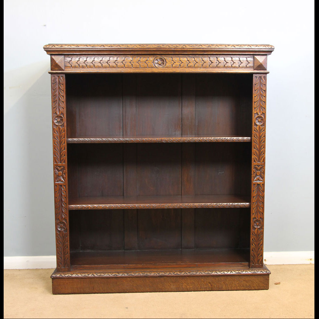 12252r01 Antiqie Carved Oak Open Bookcase, Antique Carved Oak Open Bookcase