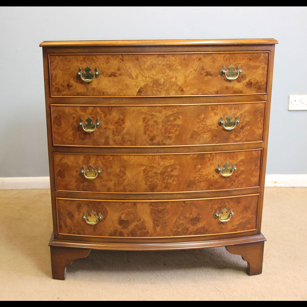 12255r01 Burr Walnut Bow Front Chest of Drawers, Burr Walnut Bow Front Chest of Drawers