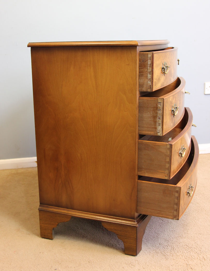 12255r10 Burr Walnut Bow Front Chest of Drawers,