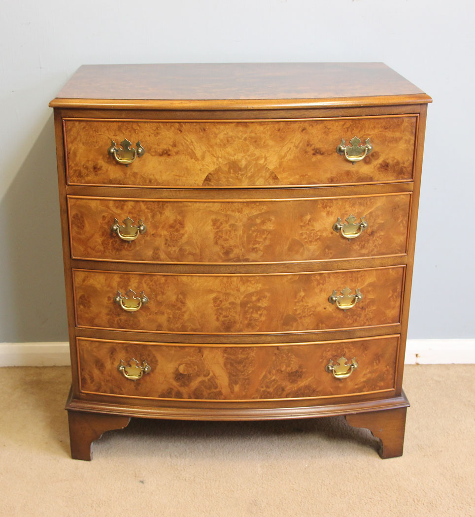 12255r11 Burr Walnut Bow Front Chest of Drawers,