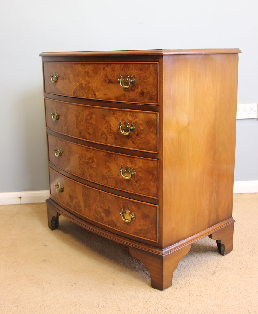 12255r3 Burr Walnut Bow Front Chest of Drawers,