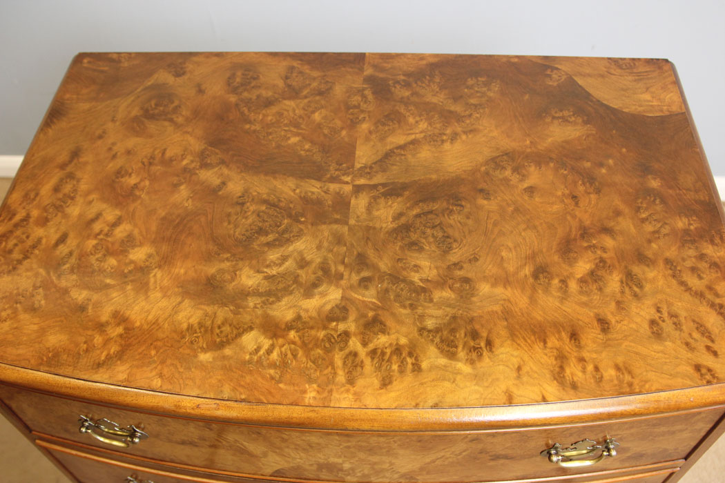 12255r5 Burr Walnut Bow Front Chest of Drawers,
