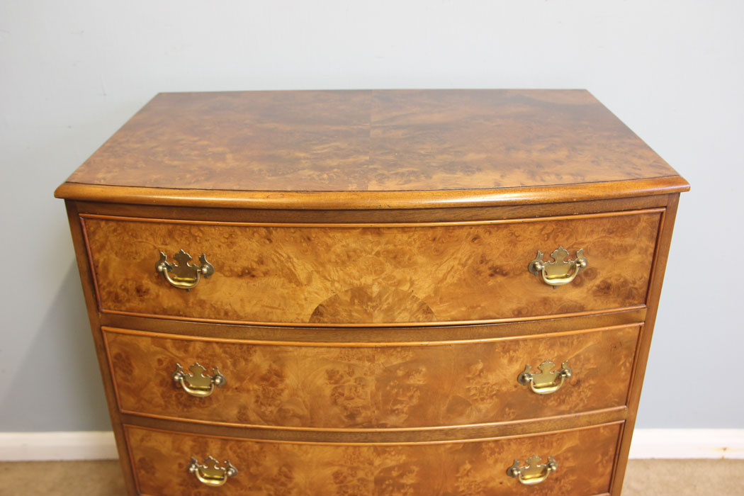 12255r6 Burr Walnut Bow Front Chest of Drawers,