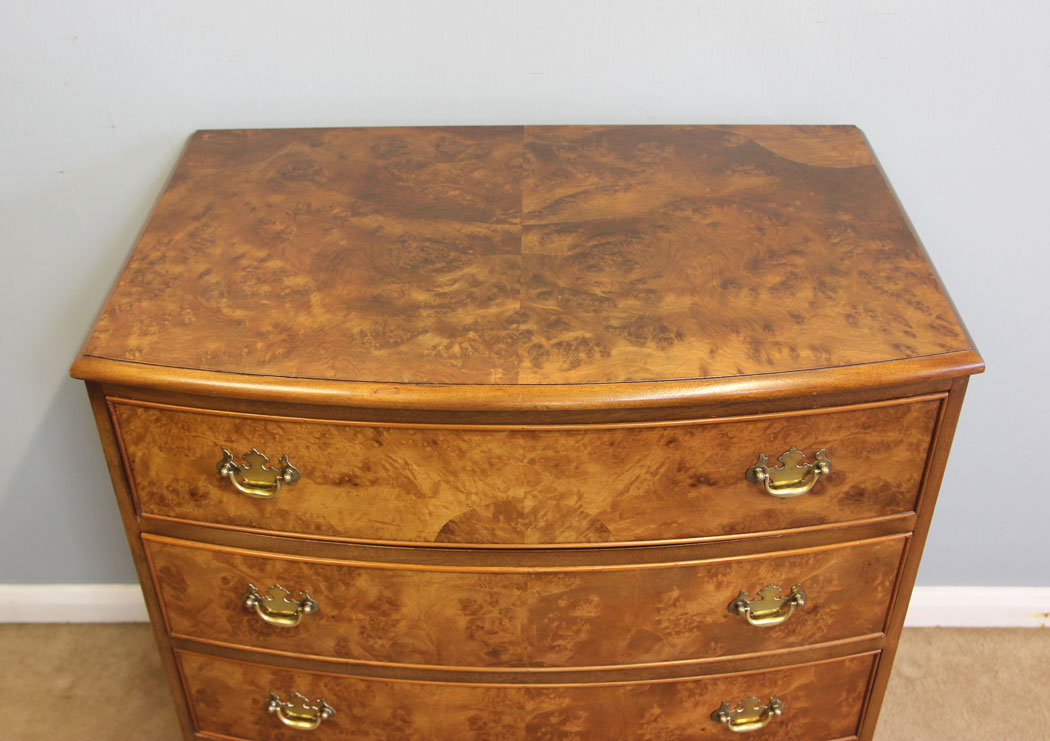 12255r8 Burr Walnut Bow Front Chest of Drawers,