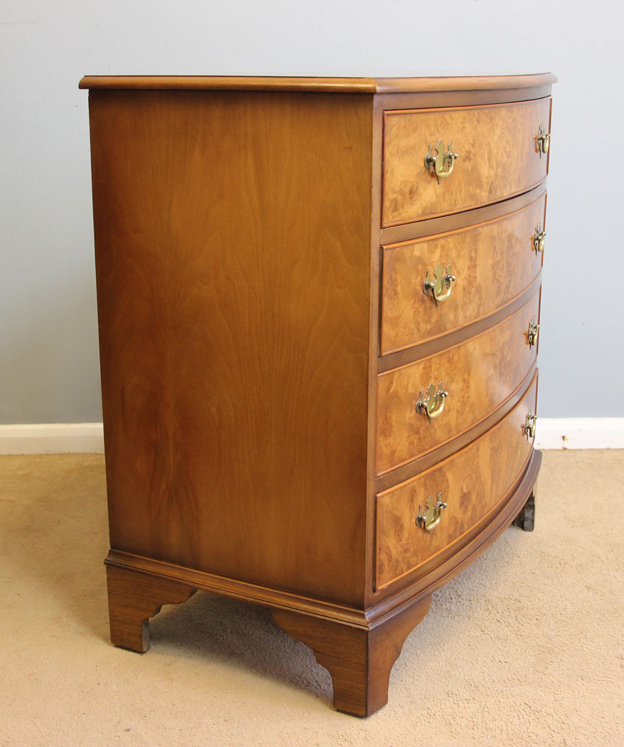 12255r9 Burr Walnut Bow Front Chest of Drawers,