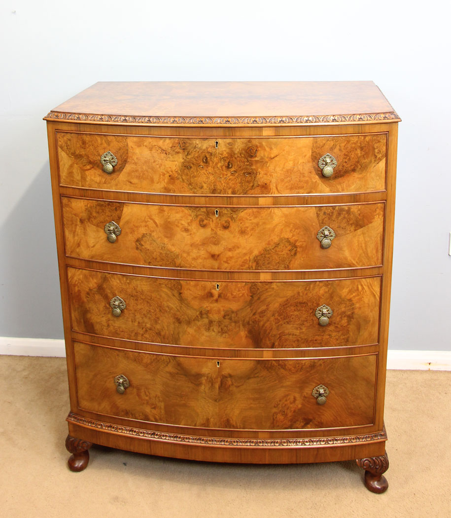 12259r1 Quality Bow Front Burr Walnut Chest of Drawers,