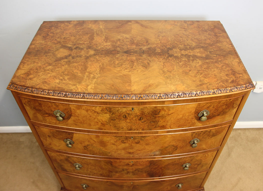 12259r12 Quality Antique Bow Front Burr Walnut Chest of Drawers,