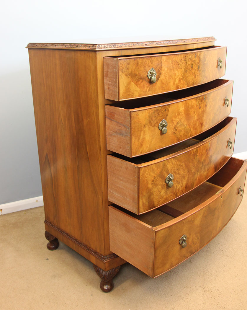 12259r13 Quality Antique Bow Front Burr Walnut Chest of Drawers,